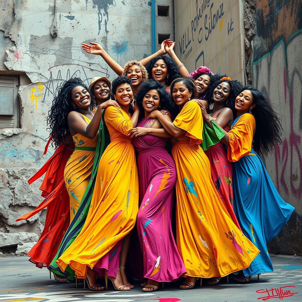 Multicultural Women Uplifting Each Other in Graffiti Art Sty...