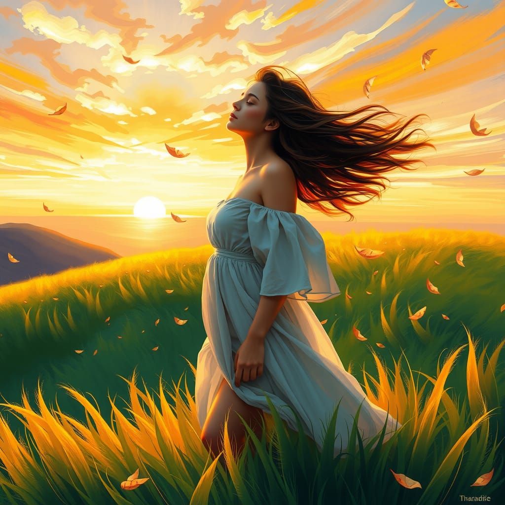 Woman in Impressionist Landscape with Flowing Grass