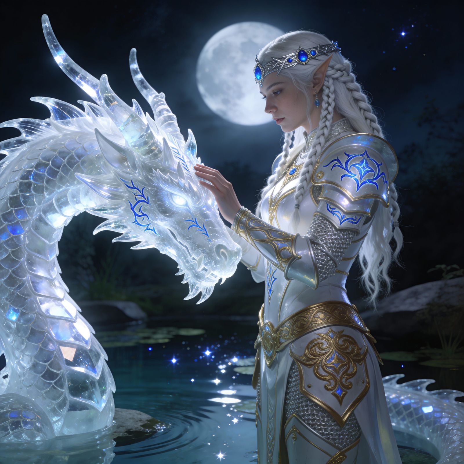 Elf Princess and Crystal Dragon in Moonlight
