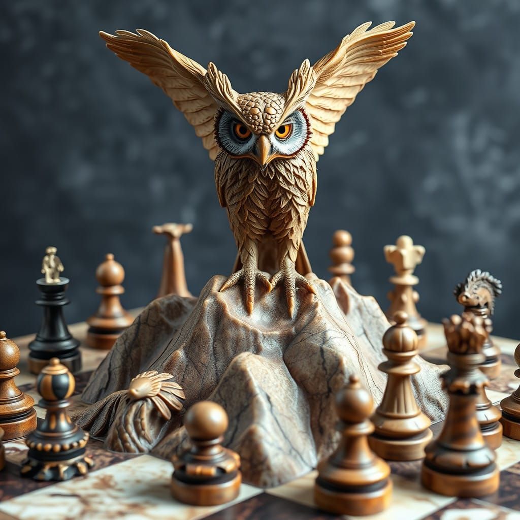 Majestic Oak Owl Chess Piece on Marble Mountain Chessboard