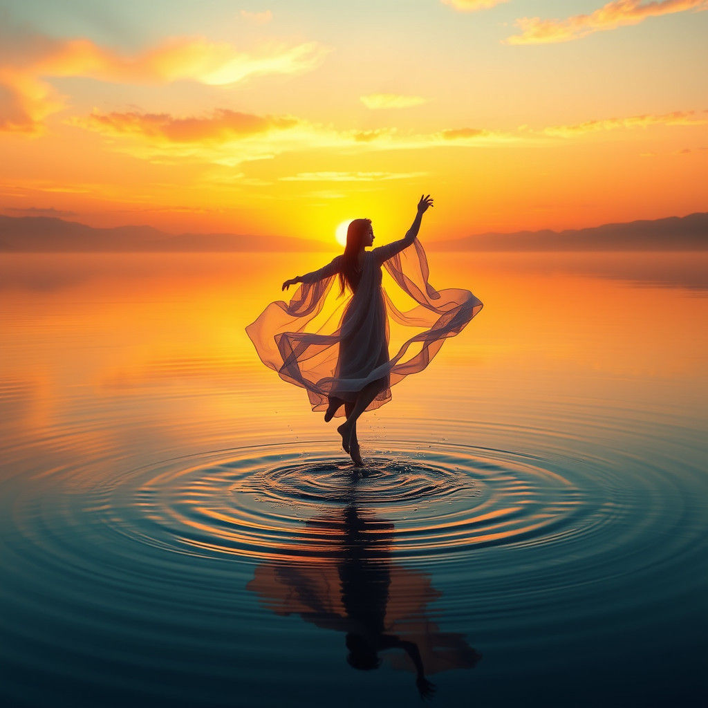 Figure Dancing on Tranquil Lake at Sunset