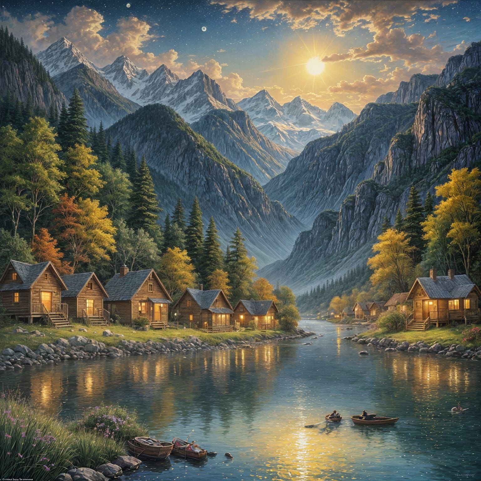 Serene Village under Moonlit Skies in Oil Painting Style