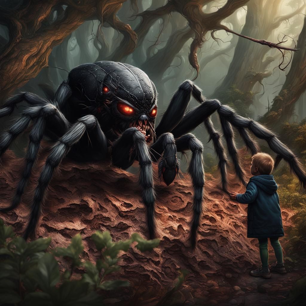 Giant Black Widow Spider Devouring Children: Detailed Matte ...