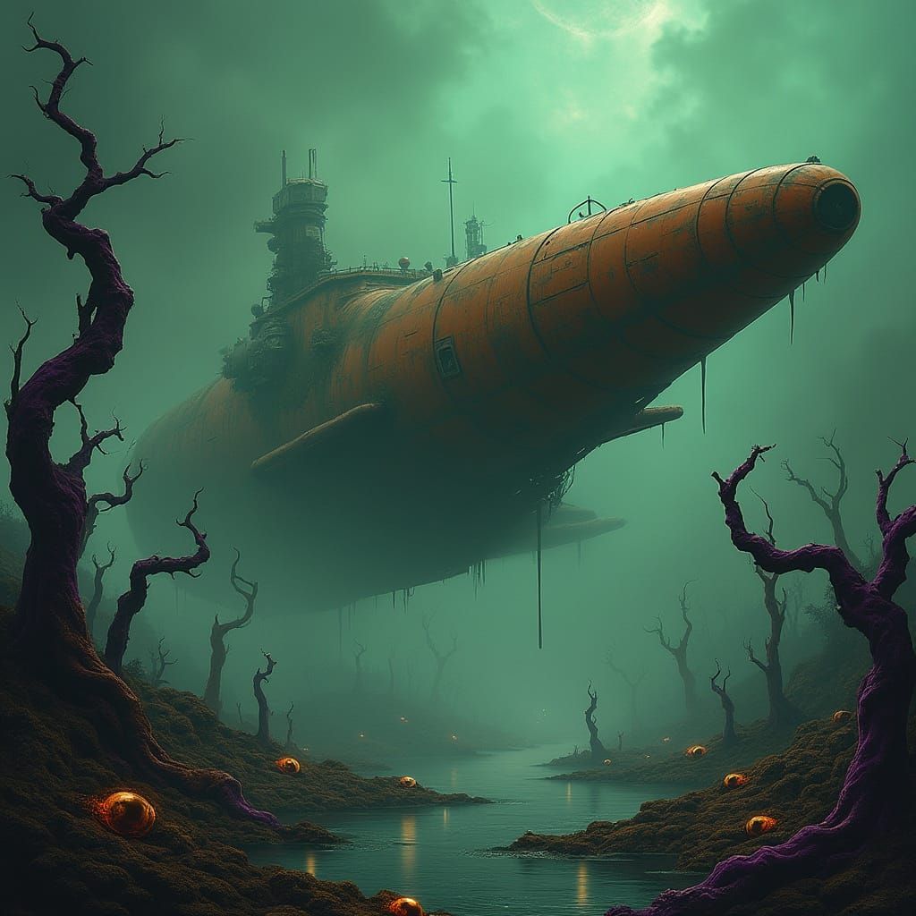 Rusty Spaceship Dominates Alien Swamp with Twisted, Tentacle...