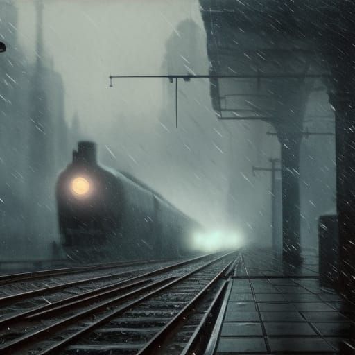 Victorian Train in Rain, Dark Fantasy Concept Art