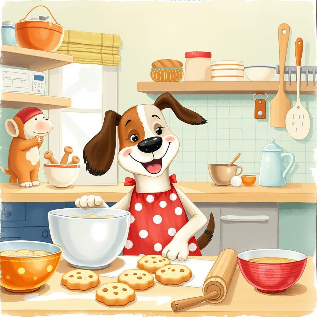 Warm Kitchen Whimsy: A Cheerful Dog Bakes Sugar Cookies