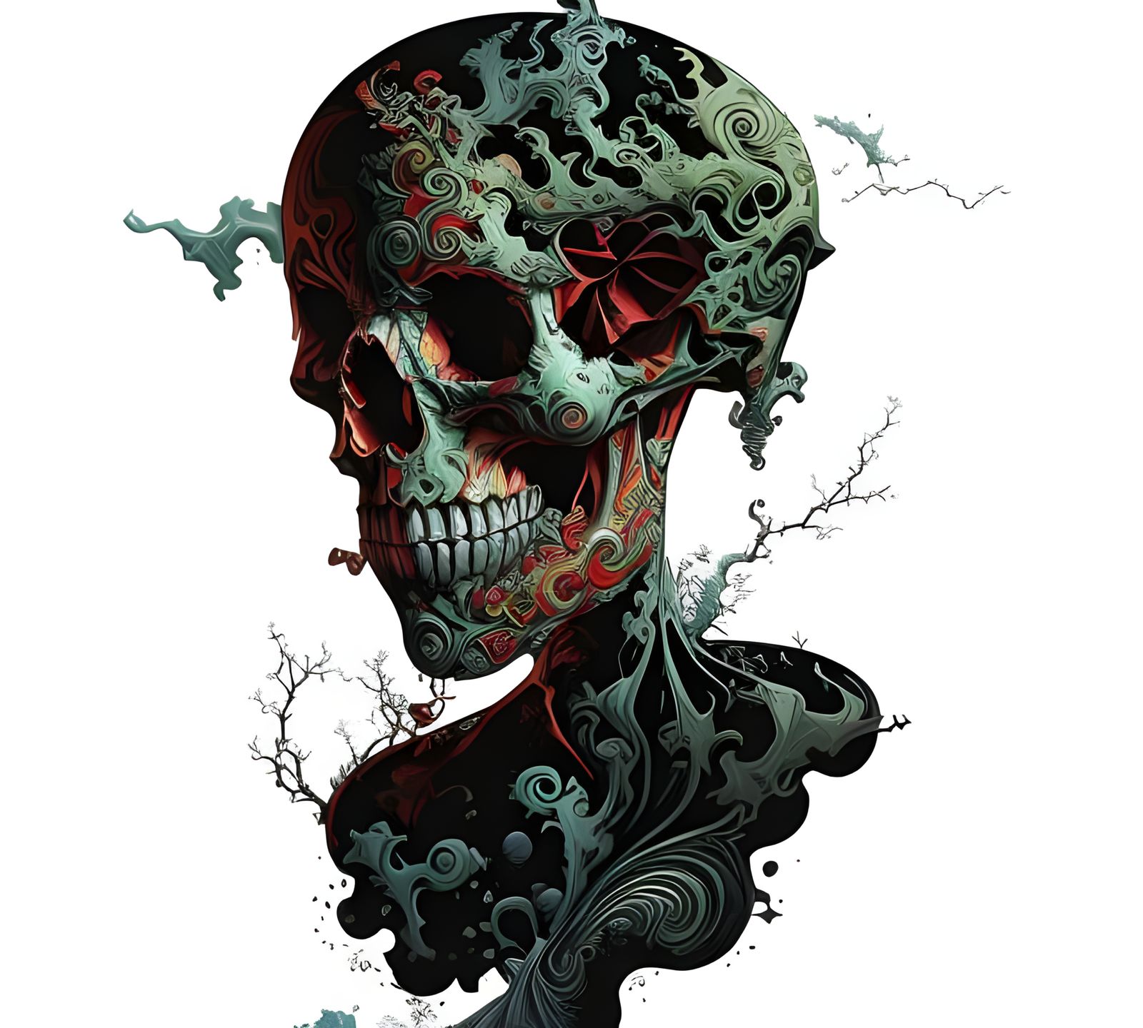 Skull Exploding in Paint, Hyperdetailed Illustration