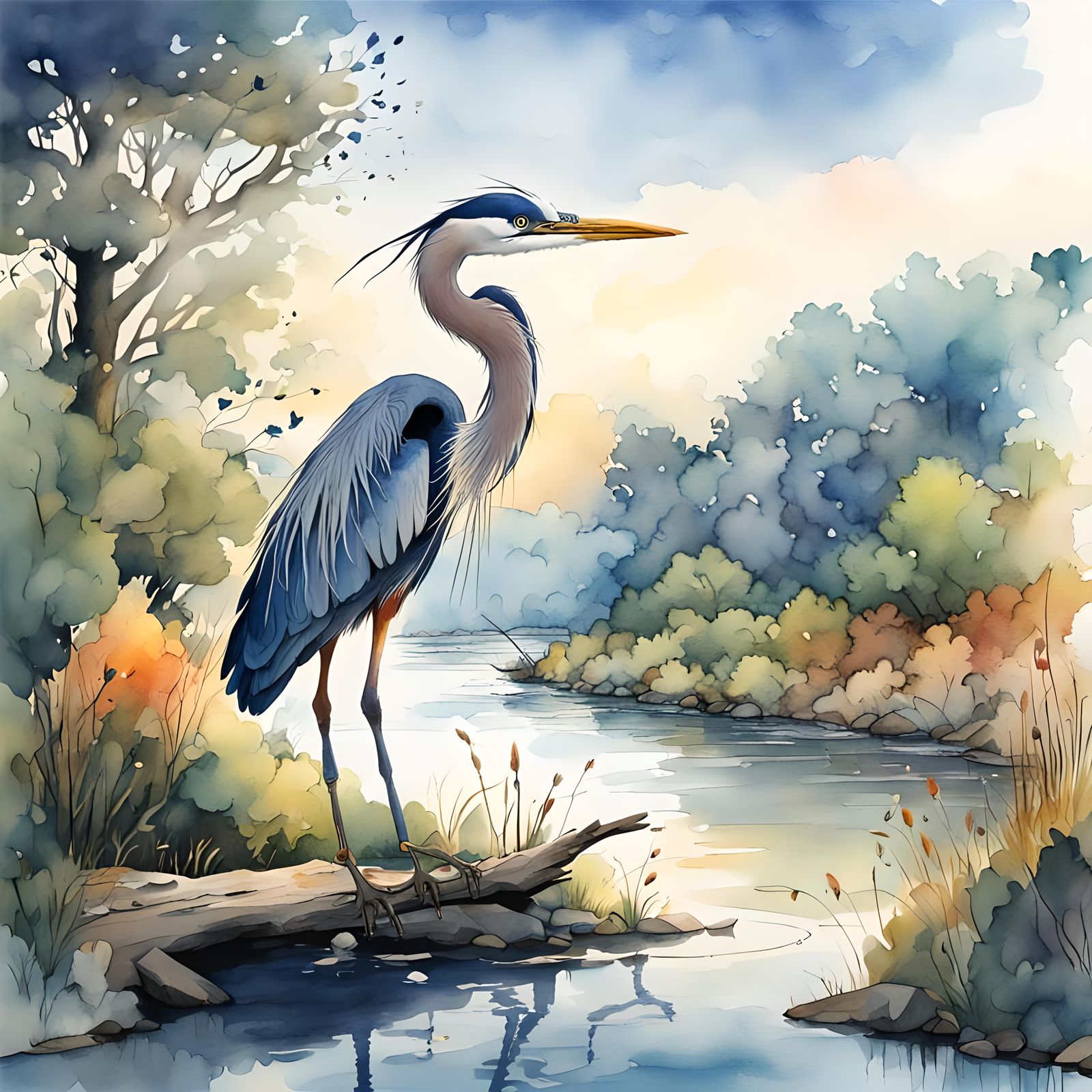 Great Blue Heron Illustration in Watercolor Style