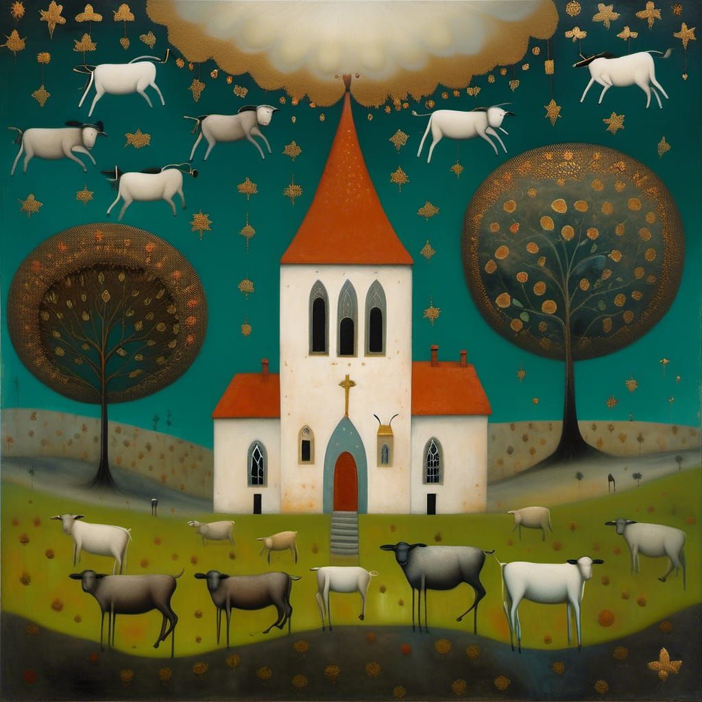 Girl Watches Flying Cow in Art Brut Style