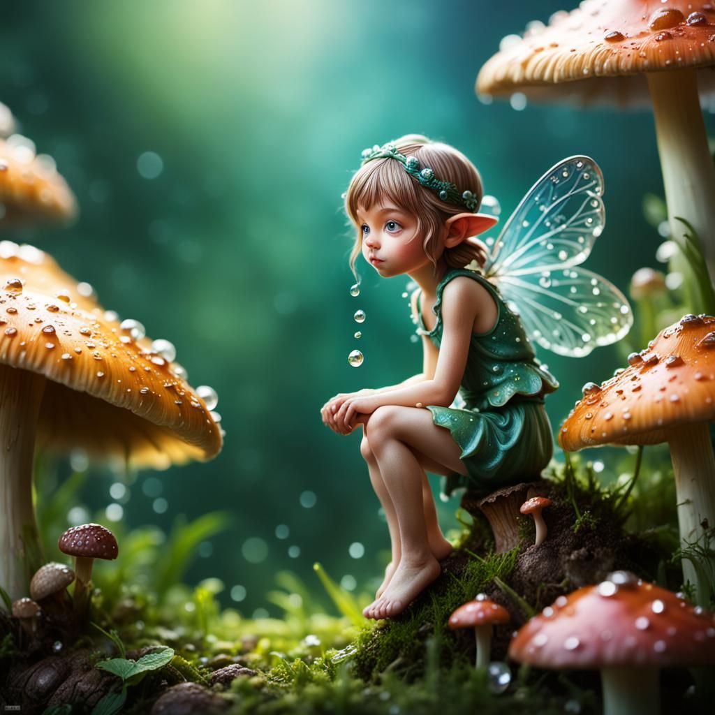 Tiny Fairy on Mushroom: Hyperrealistic Macro Photograph