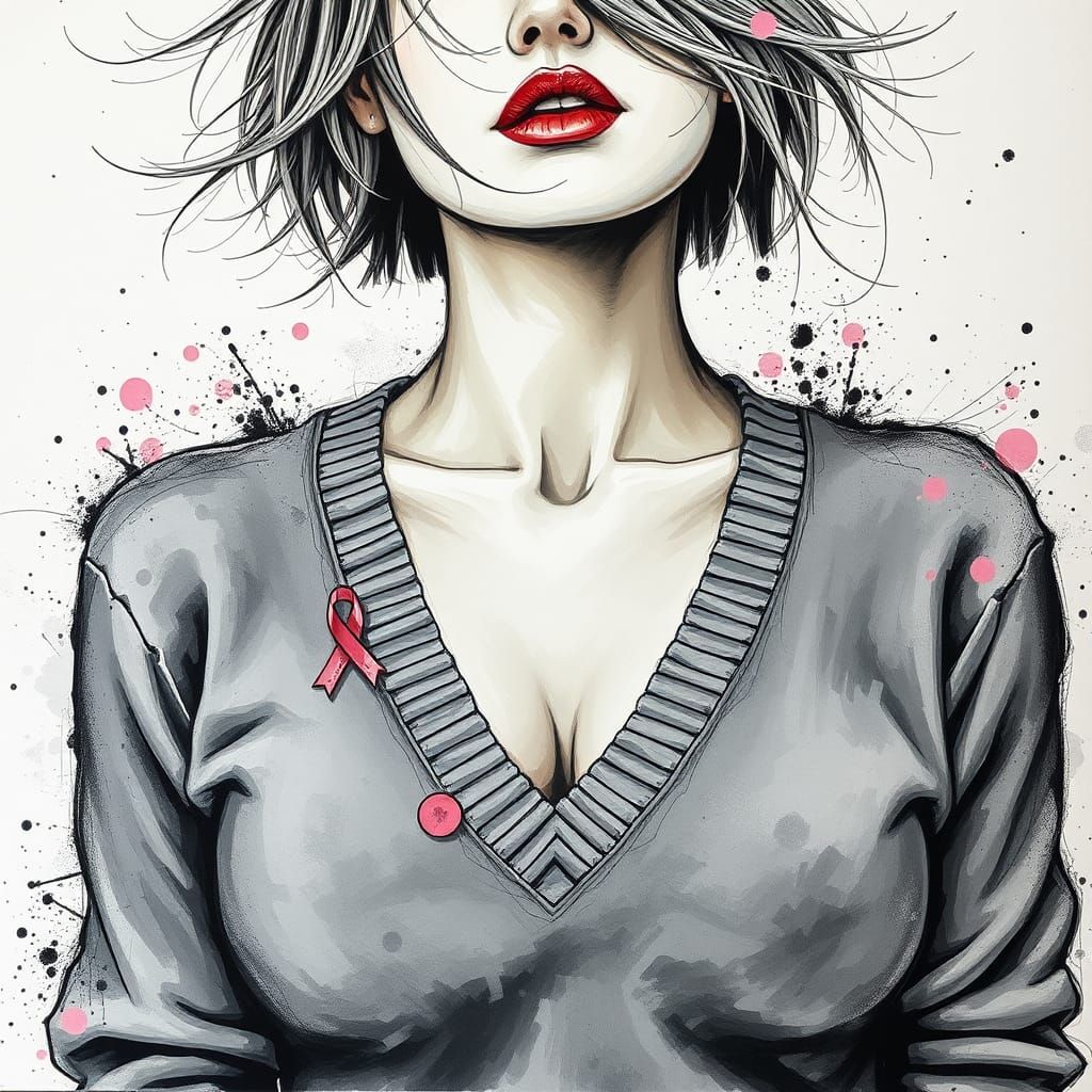 Woman with Pink Ribbon in Impasto Painting