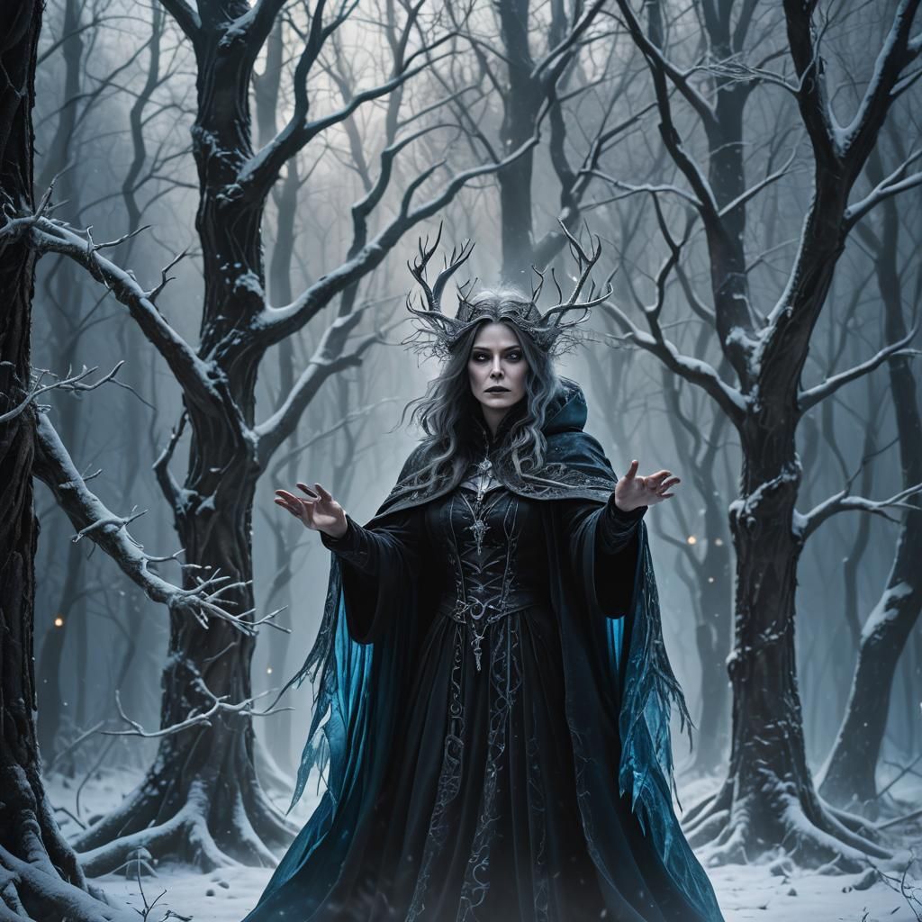 Mysterious Witch Casting Spell in Frozen Forest
