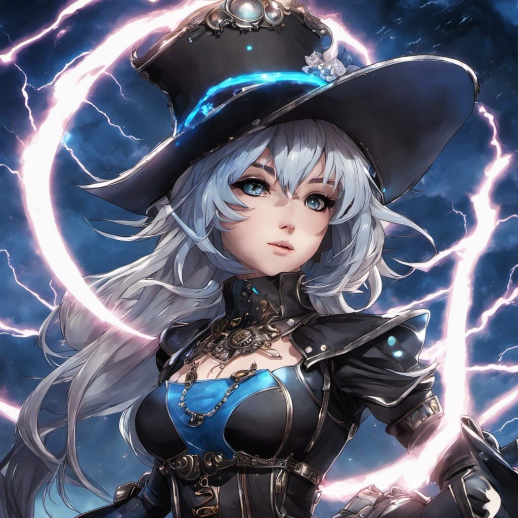 Steampunk Witch in Lightning Storm, Digital Anime Art