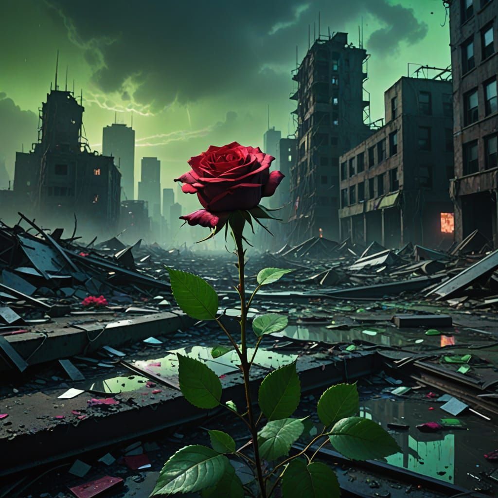 Crimson Rose Blooms in Futuristic Abandoned Cityscape