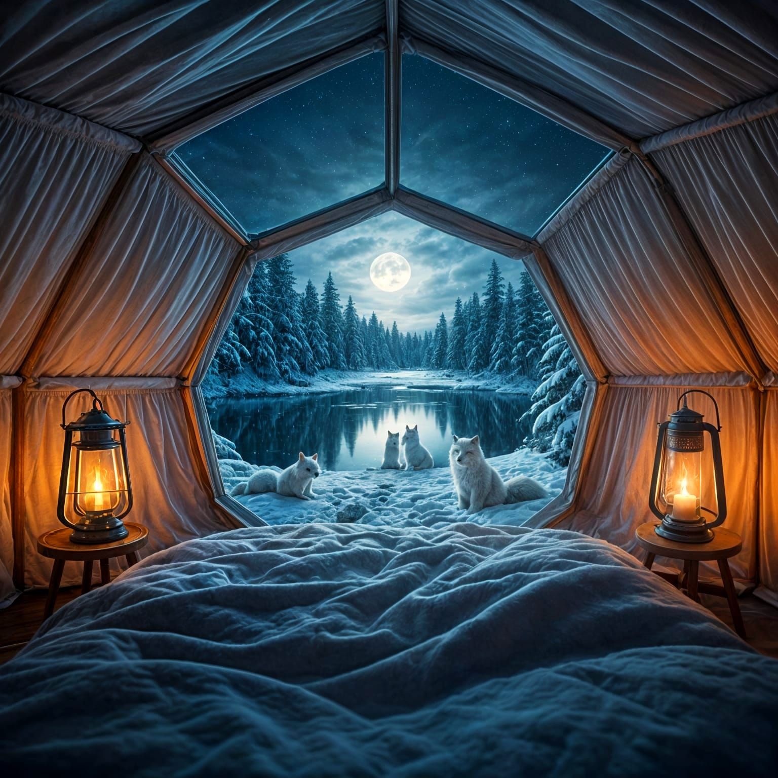 Cozy Winter Wonderland Scene in a Transparent Igloo Tent