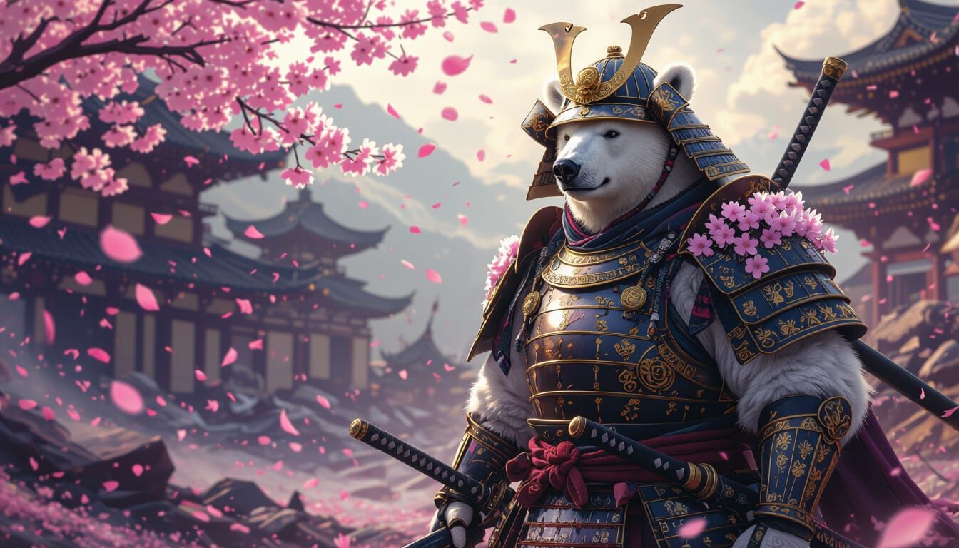 Samurai Polar Bear in Battlefield, Hyperdetailed Art