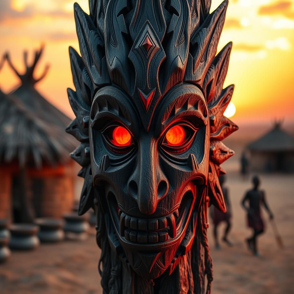 Intricately Carved African Mask at Sunset
