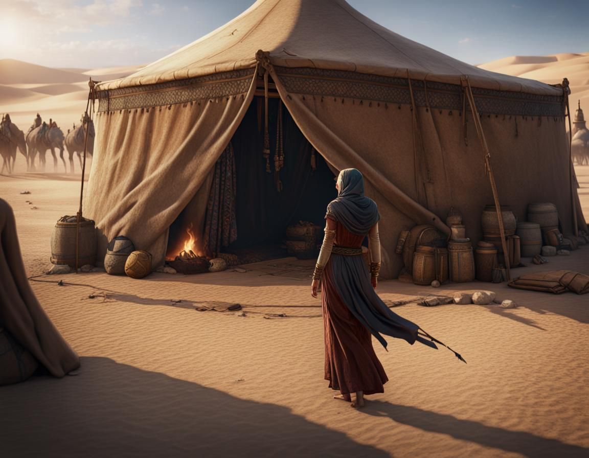 Jewish Woman Greets Warrior in Ancient Tent