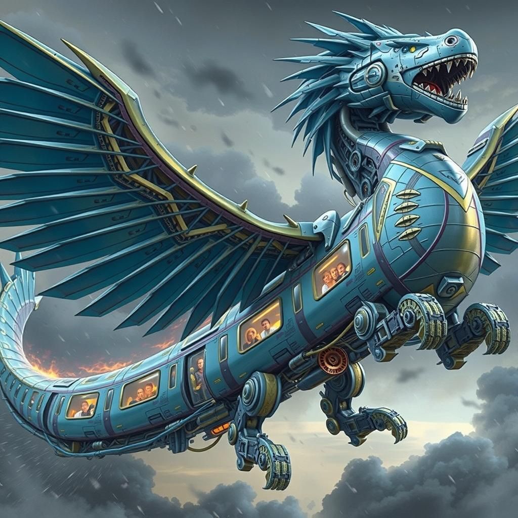 Robotic Serpent Vehicle Soaring Through Storm Clouds