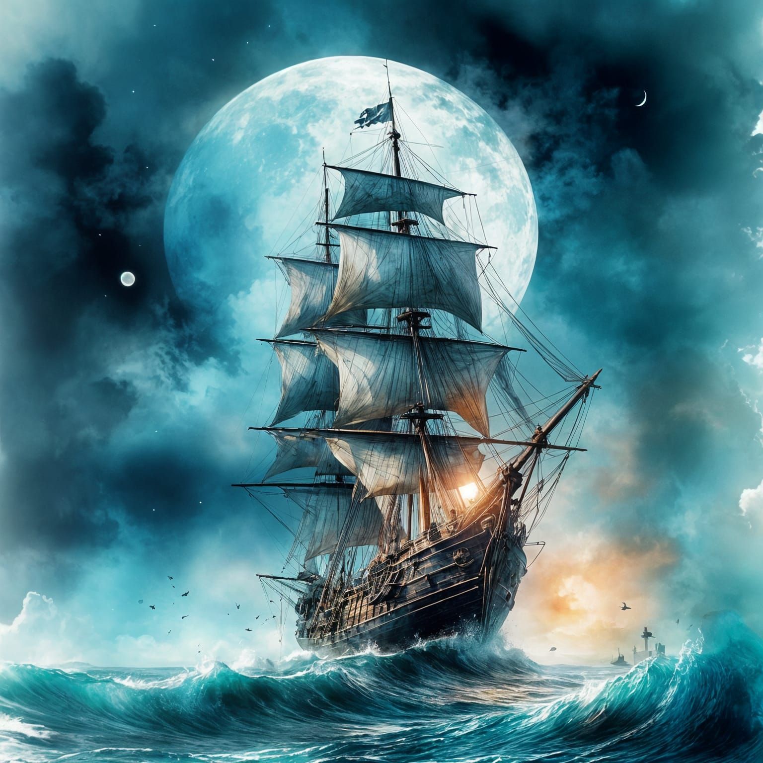 Epic Galleon Ship in Watercolor Seascape