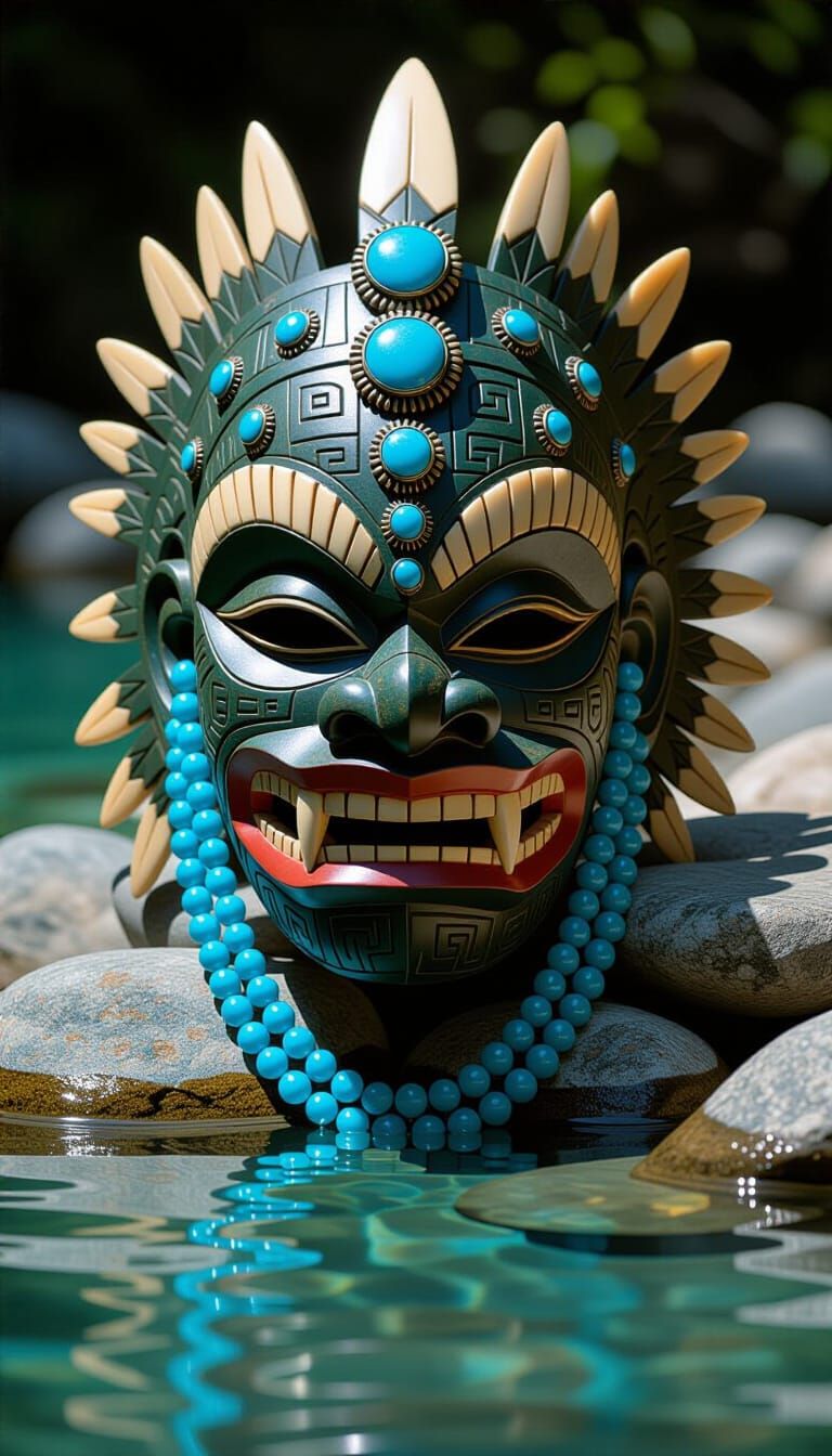 Ancient River Spirit Mask: Bronze, Ivory, Blue Beads
