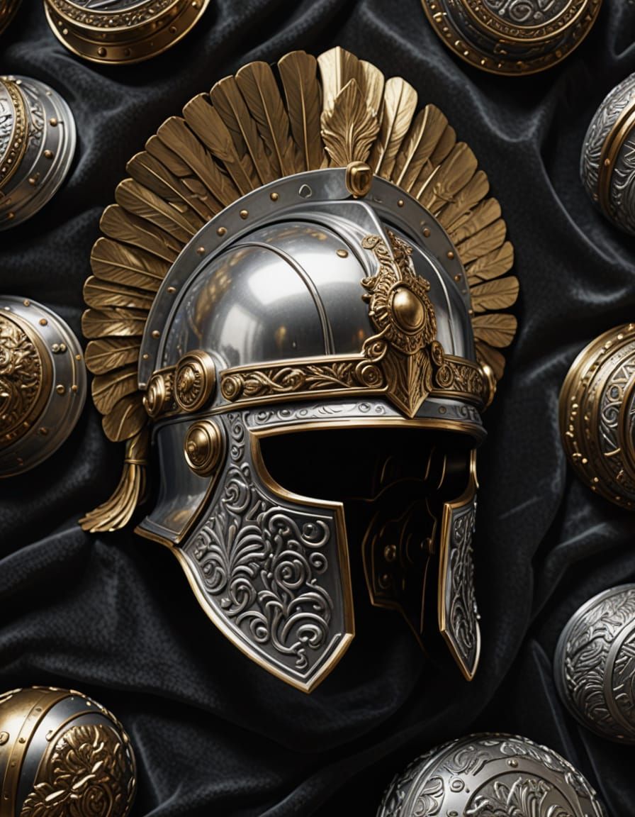 Golden Roman Helmet of Silver Coins on Velvet Cushion