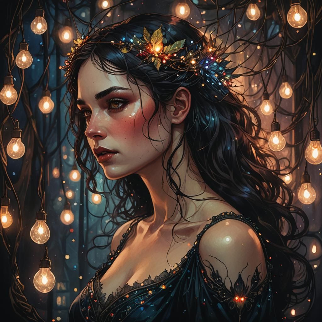 Dark Fantasy Woman with Fairy Lights Portrait