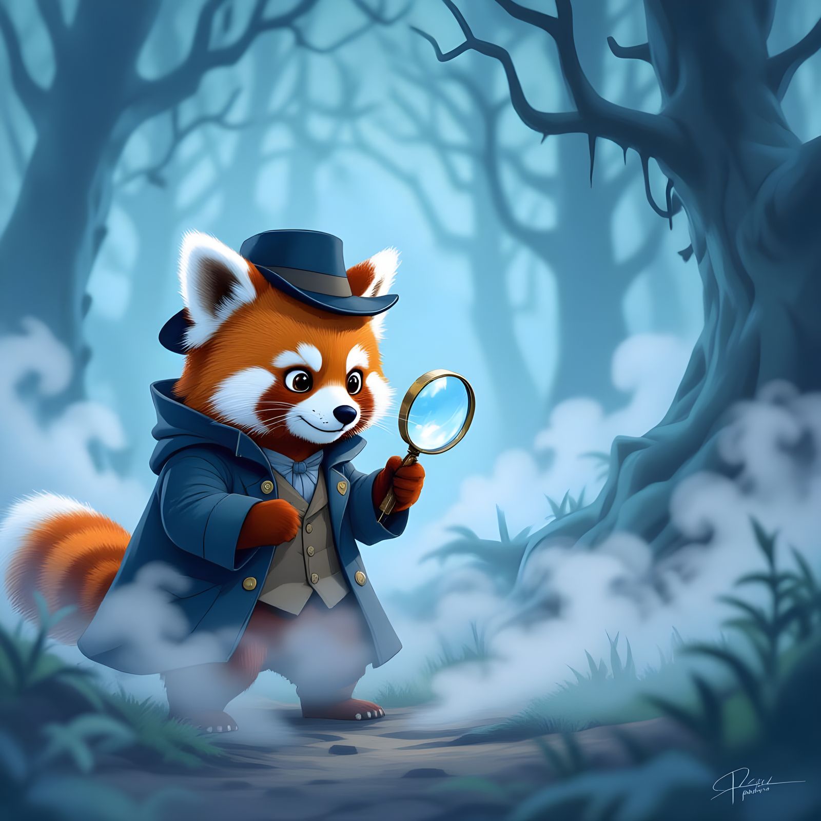 Red Panda Detective Investigating Foggy Forest