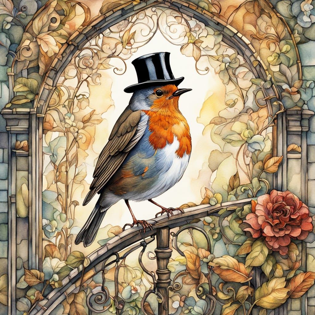 Whimsical Robin with Top Hat in Watercolor Style