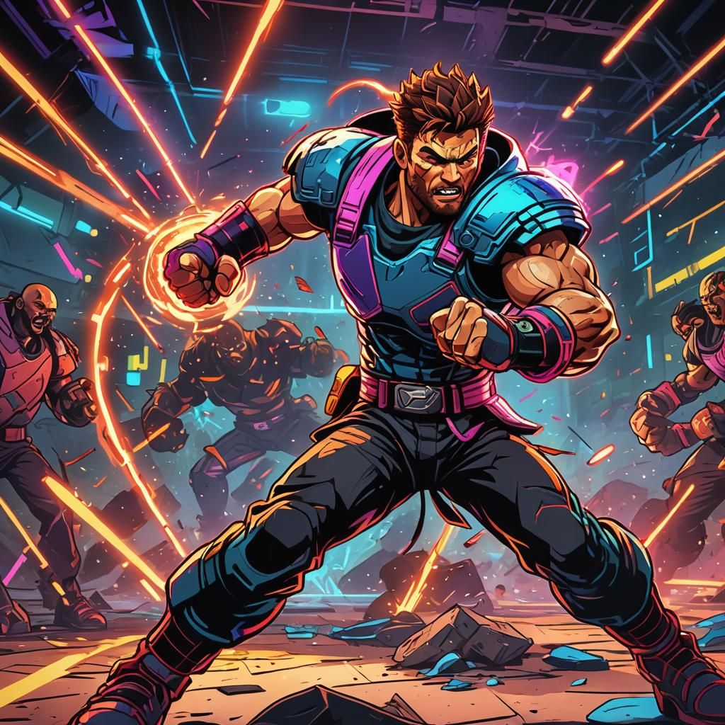 Cartoon Fighter in Neon Arena: Hyper-Stylized Digital Art