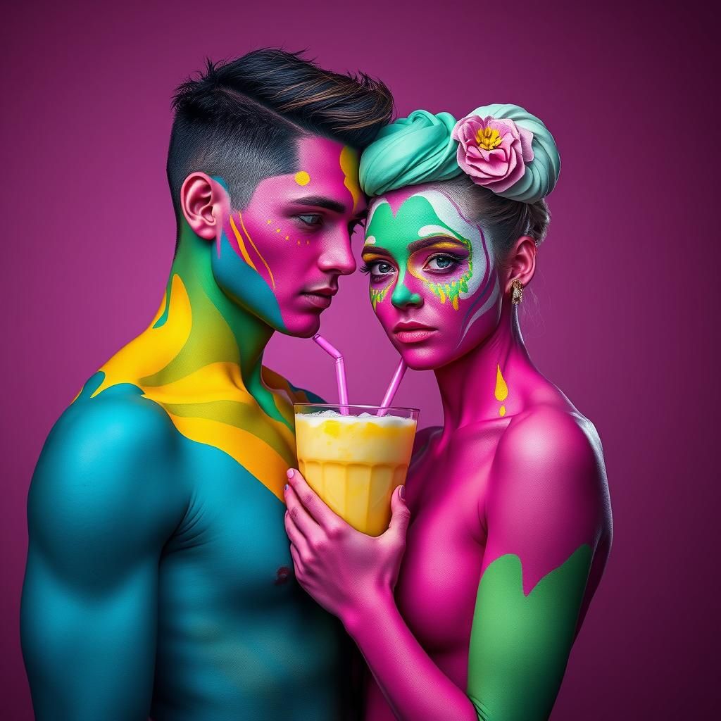 Couple in Milkshake Body Paint: Digital Art