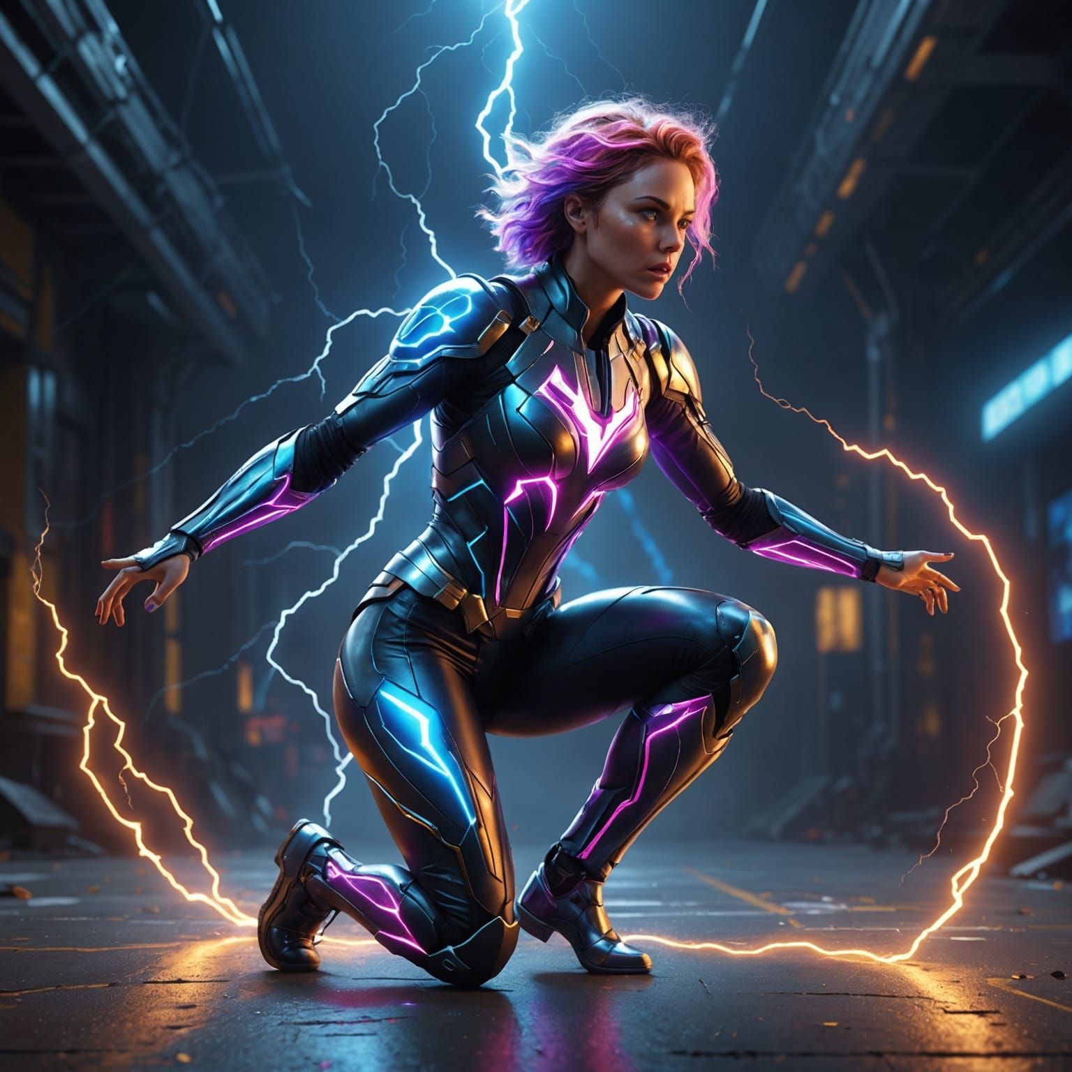 Psychedelic Lightning Superheroine 3D Render