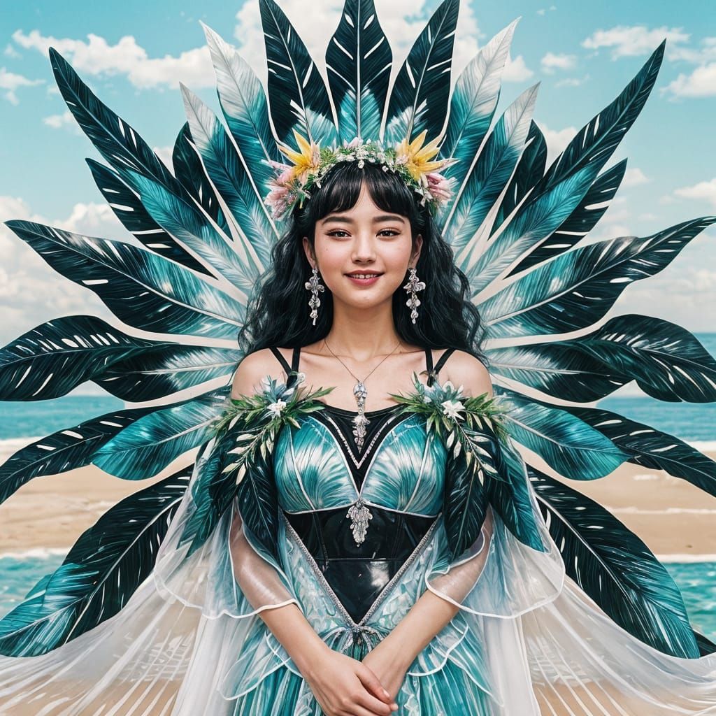 Hawaiian Vaporwave Angel on Tropical Beach