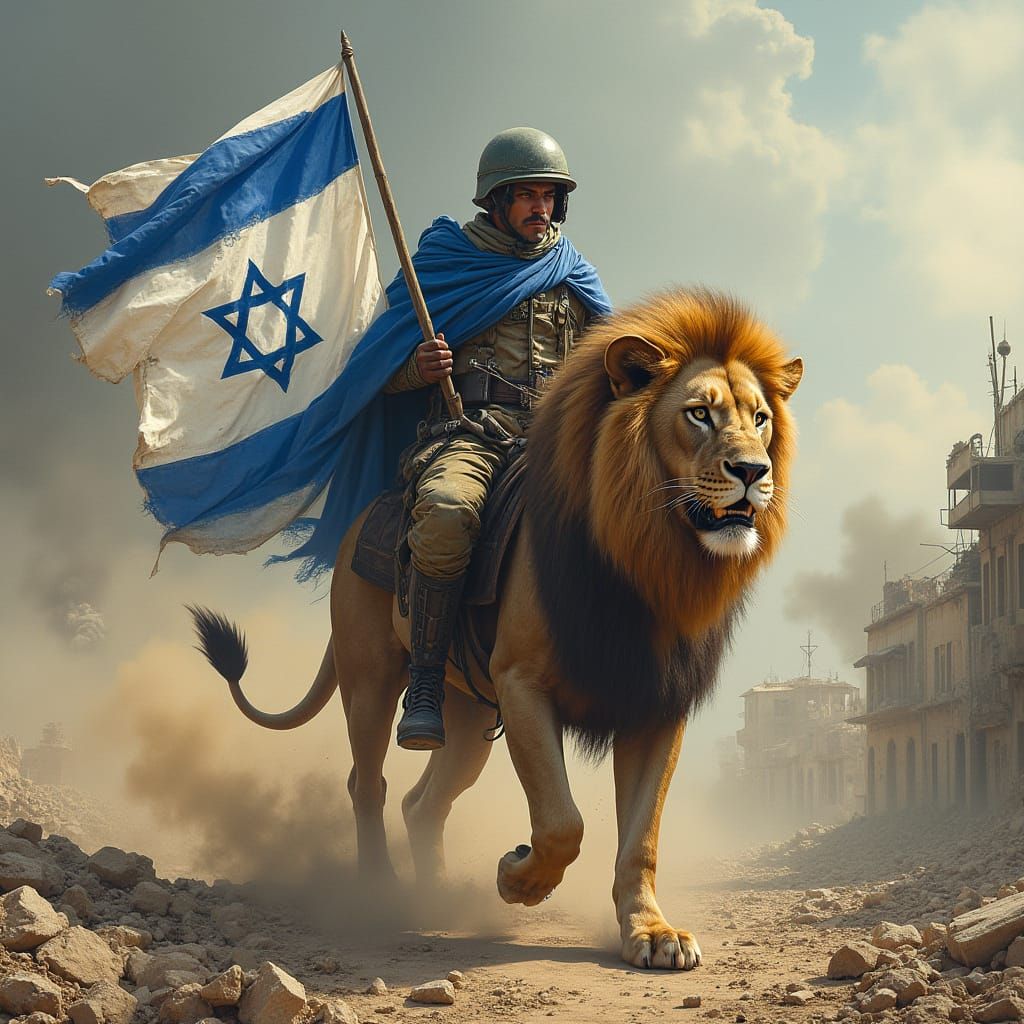 Israeli Soldier Rides Lion Amidst Devastated Gaza Landscape