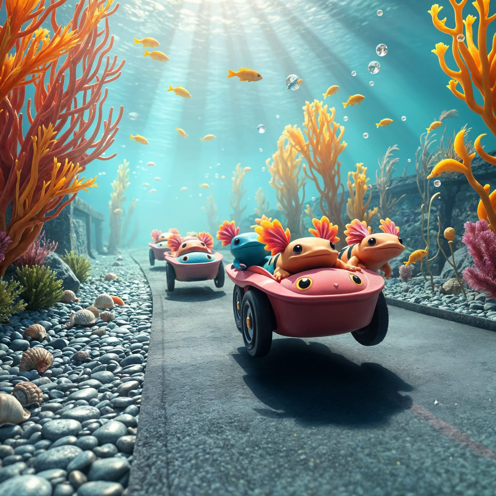 Vibrant Axolotls Cruise Underwater Highway