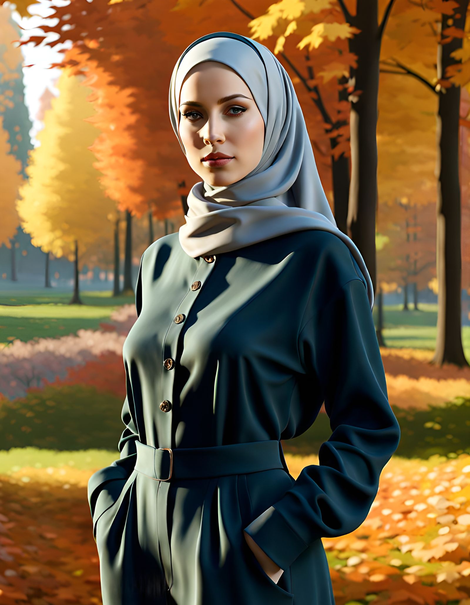 Modest Woman in Hijab in Autumn Park, Digital Art