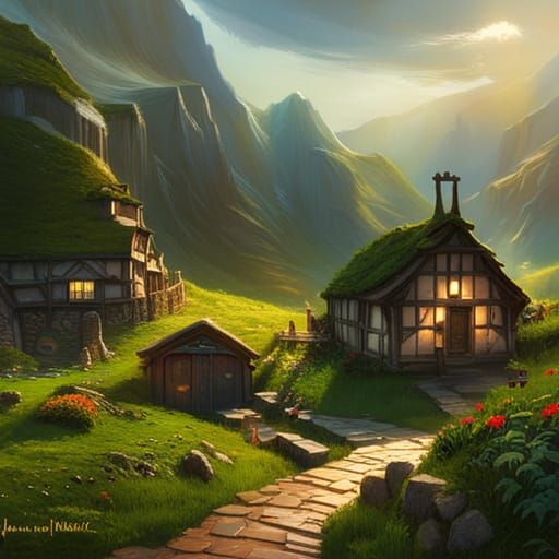 Idyllic Hobbit Village in Green Countryside Scene