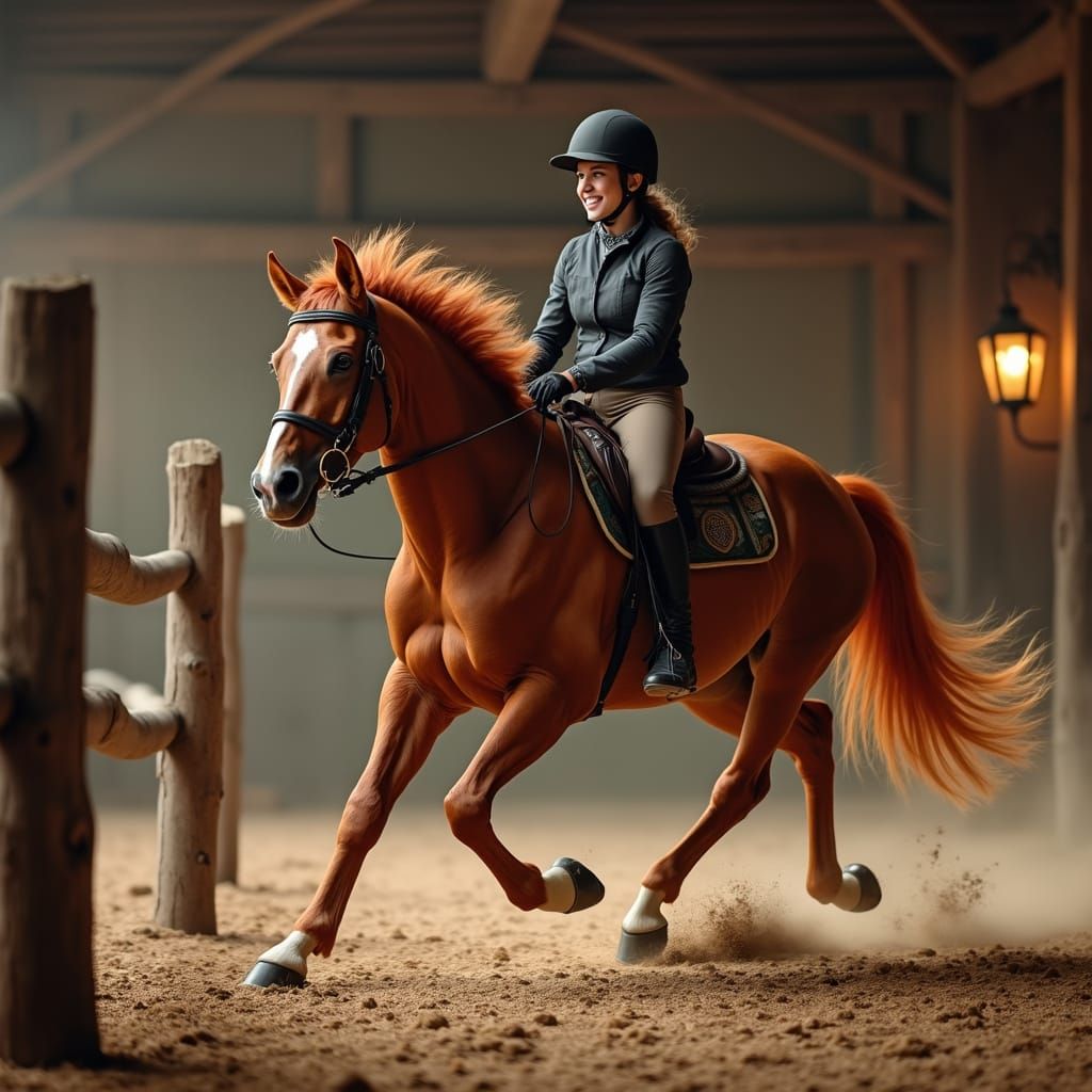 Gleaming Quarter Horse and Rider Clear Barn Arena Jumps