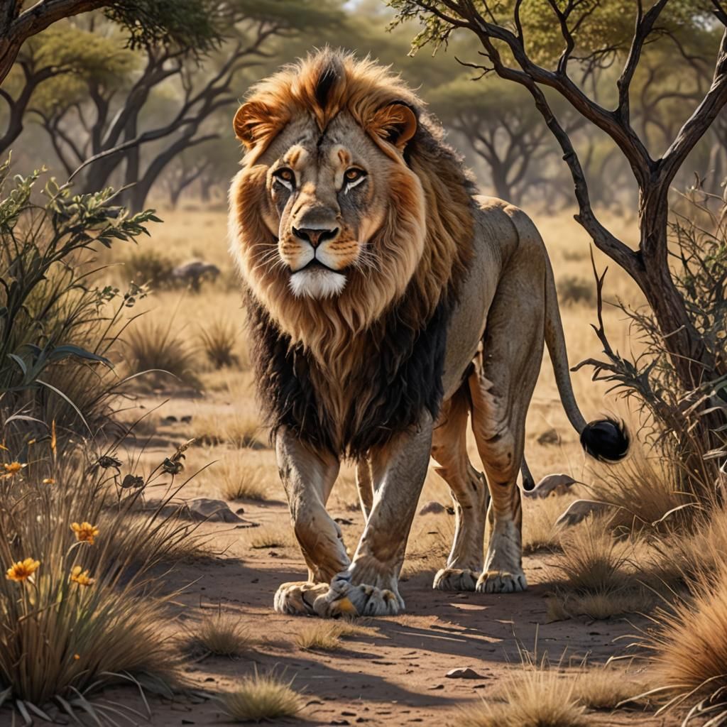 Majestic Lion Stalking Prey on African Savannah