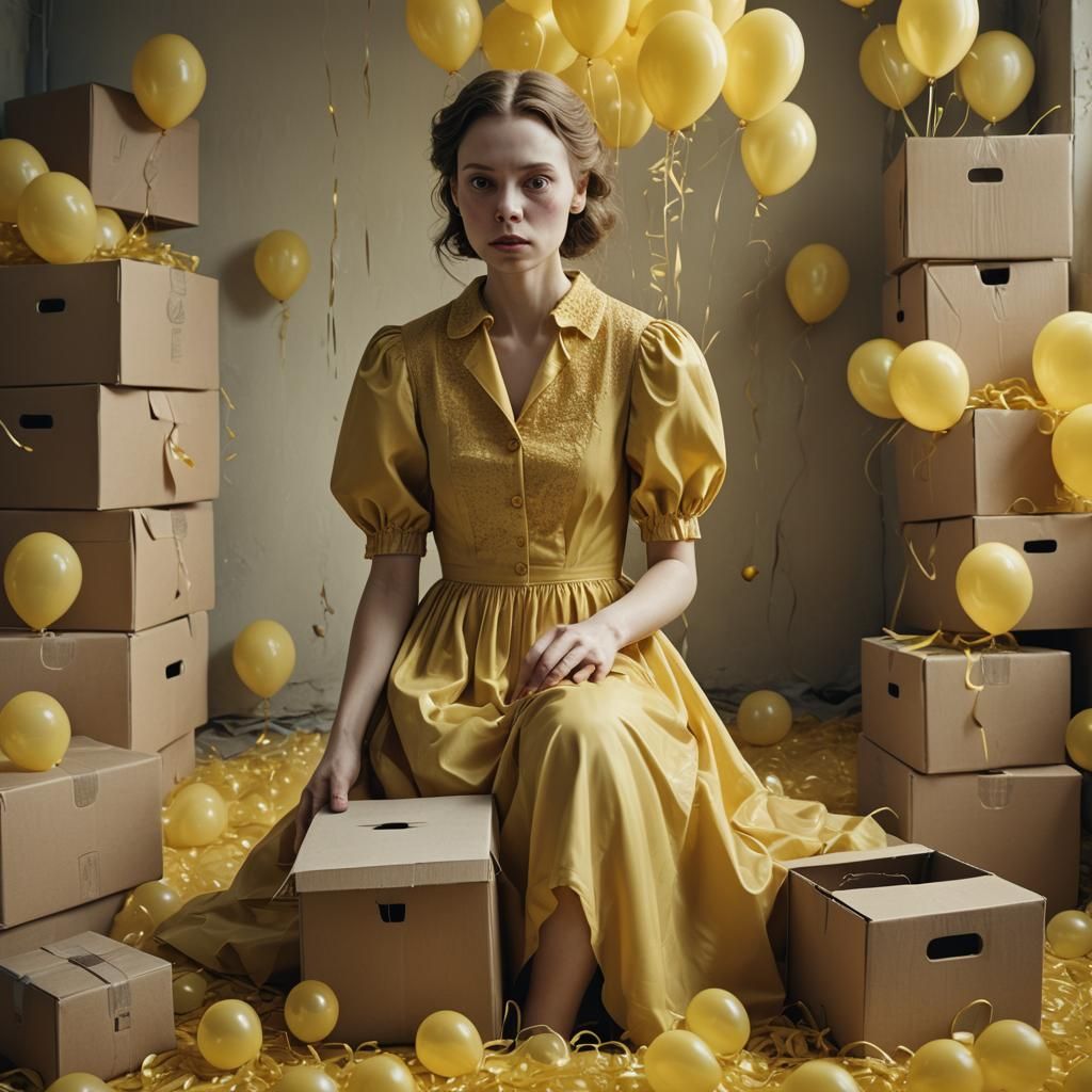 Melancholy Woman in Yellow Dress, Photorealistic Style