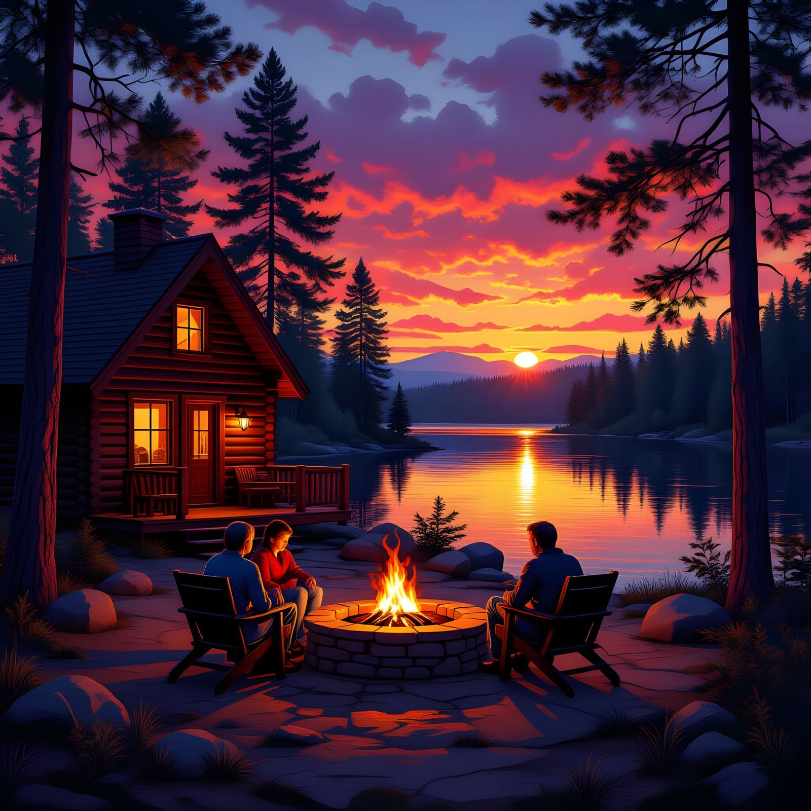 Crimson Sunset Cabin in Forest Landscape