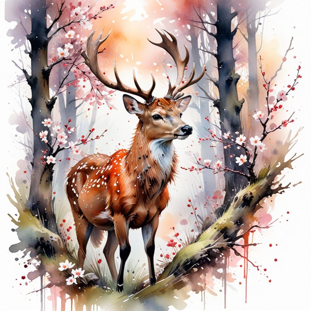 Sika Deer in Spring Cherry Blossoms, Watercolour Style