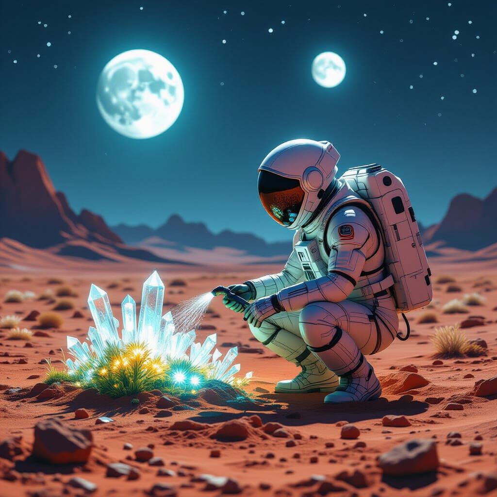Astronaut Tends Alien Garden Under Twin Moons