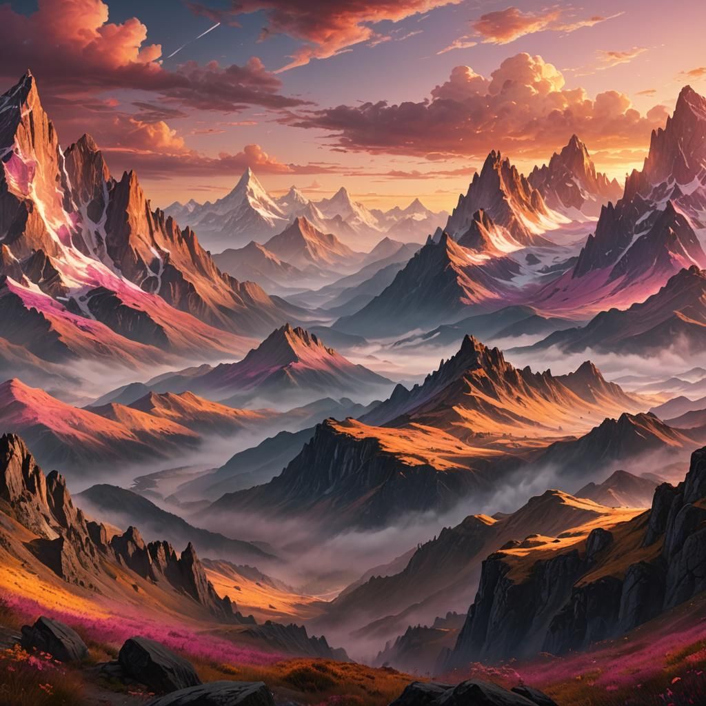 Serene Mountain Sunset: Fantastical Matte Painting