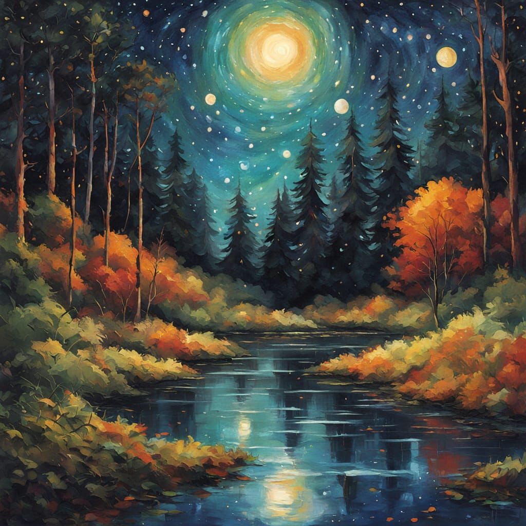 Milky Way Galaxy Through Dense Forest, Impressionist Gouache