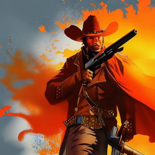 Cowboy Gunfight: Watercolor Splash Art in Maximalist Style