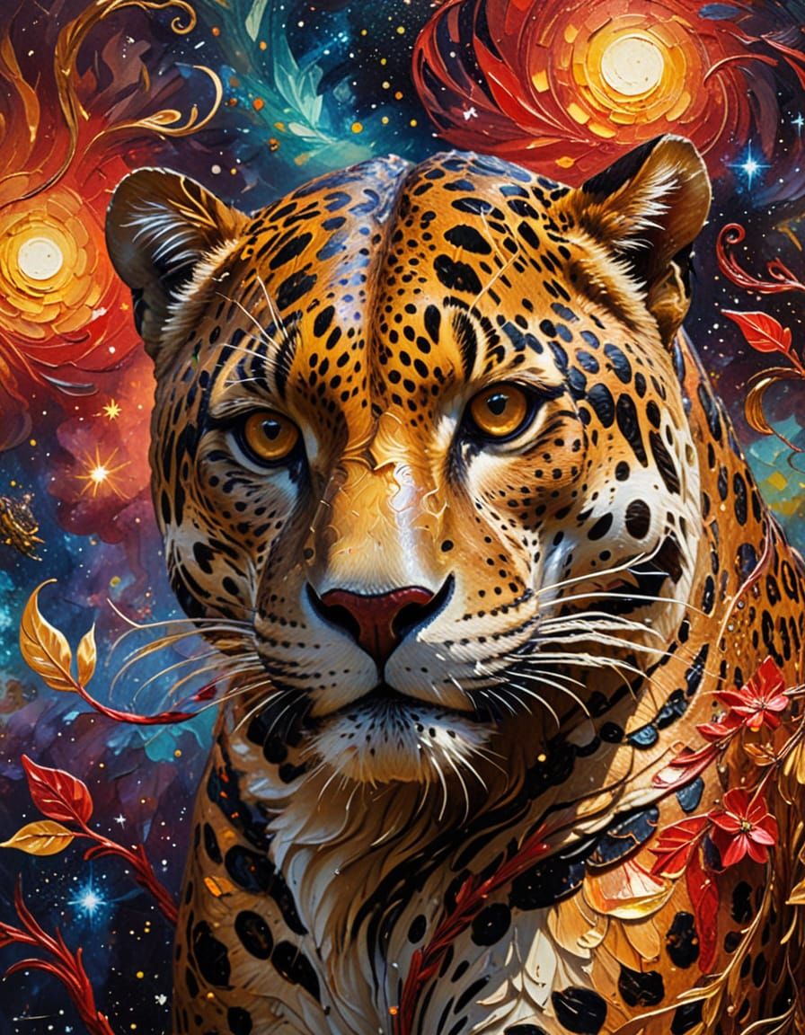 Majestic Jaguar and Duckling in Space as Impasto Painting