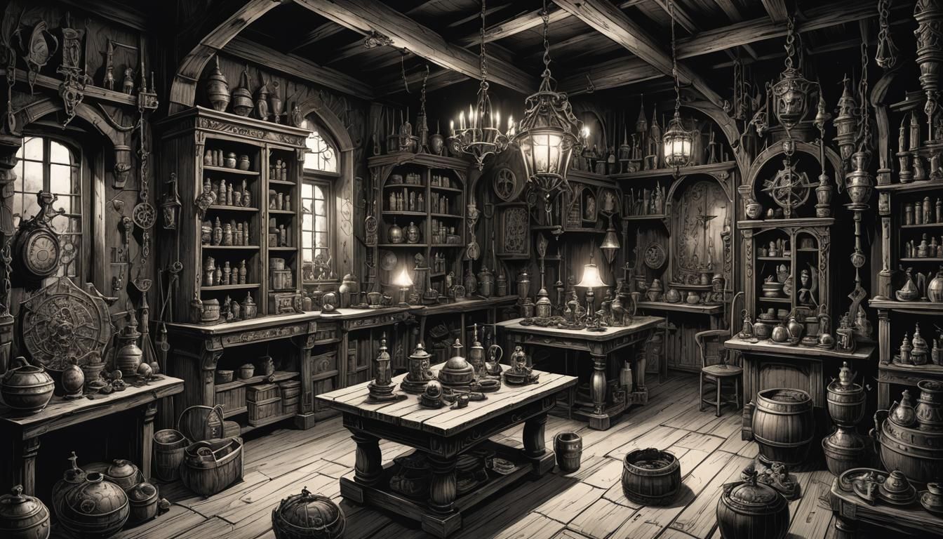 Dark Fantasy Witch Lair, Anime Ink Sketch