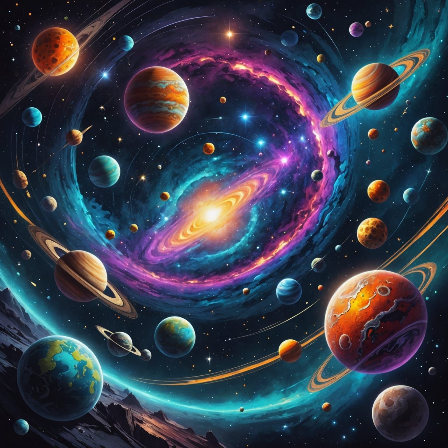 Vast Galaxy with Planets and Stars: Cosmic Art
