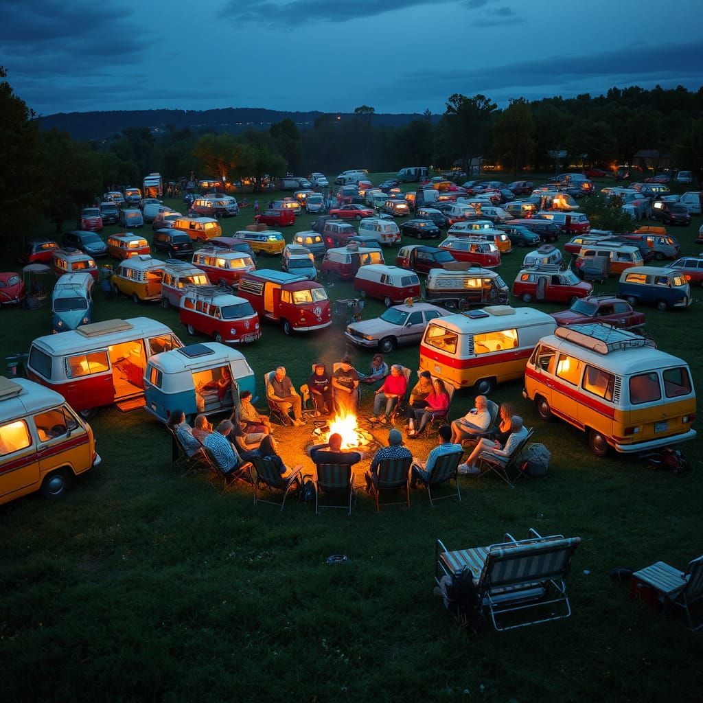 1970s Van Gathering in Lush Meadow